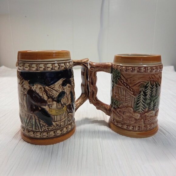 Vintage German Style Beer Stein Men Drinking Small Porcelain Mugs Set of 2 - Picture 1 of 8